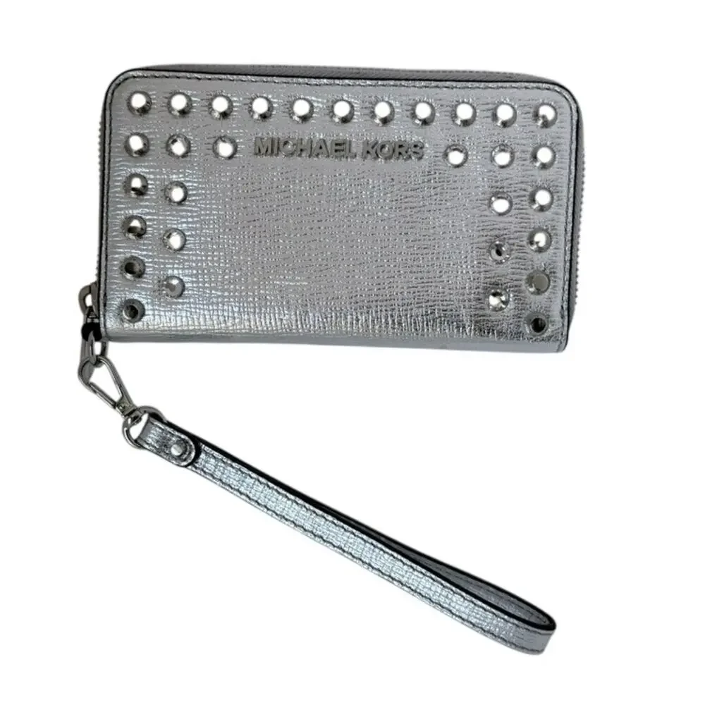 Michael Kors Jet Set Travel Silver Studded Jewel Leather Wristlet Wallet Clutch